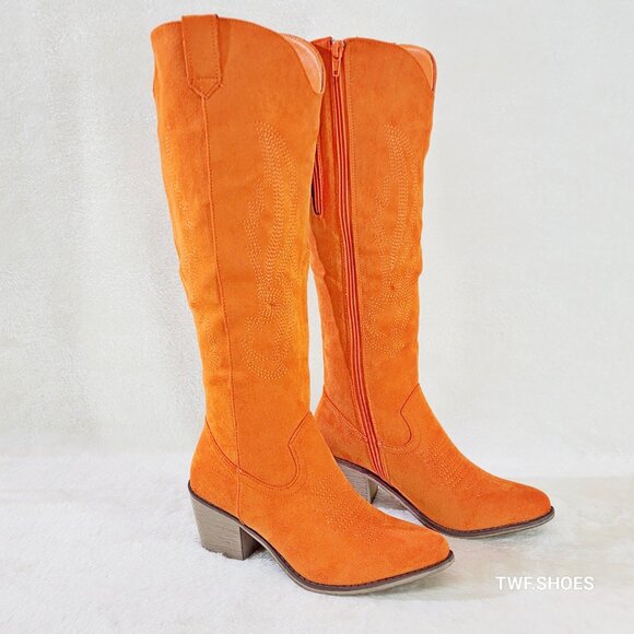 Wild Ones Orange Faux Suede Country Western Cowgirl Knee Boots - Picture 4 of 15